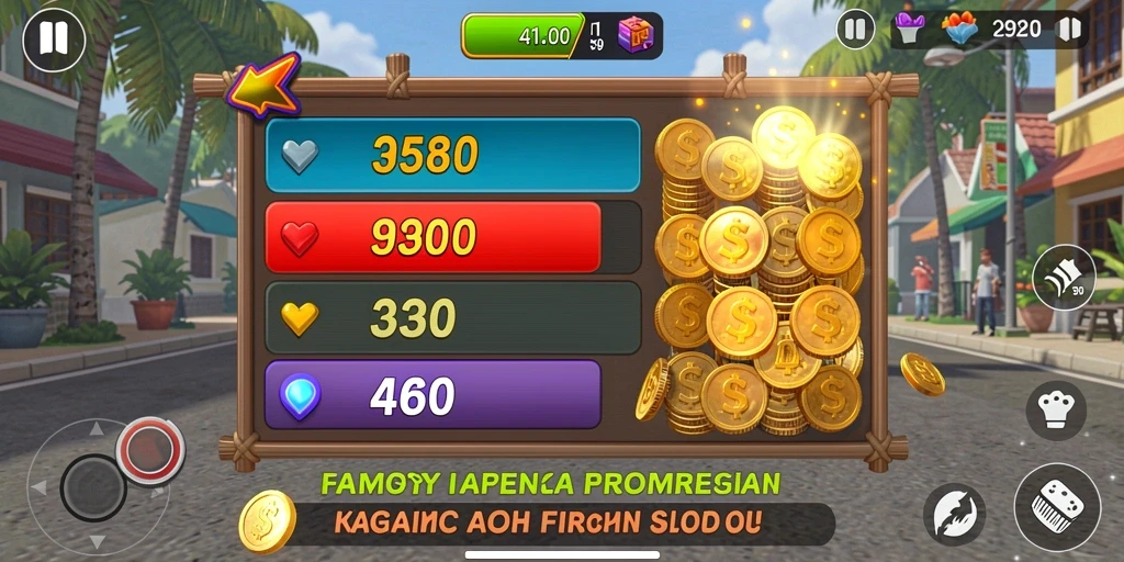 Screenshot menunjukkan antarmuka permainan dengan berbagai item dan karakter.